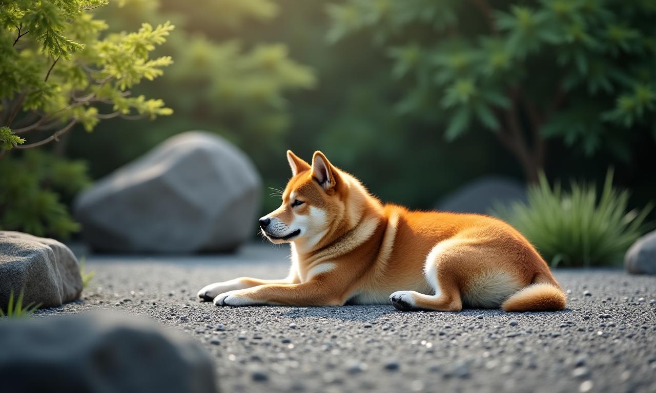 穏やかな庭でリラックスしている柴犬